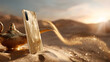 © MDRAFIQUL - Golden smartphone in desert with magic lamp and swirling sand.