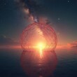 © Pete - Abstract geometric portal glows with warm sun light on reflective surface. Infinite cosmos and stars above. Futuristic gateway appears in ethereal landscape.