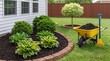 © oksa_studio - Sustainable landscaping and home improvement wheelbarrow full of soil for planting flowers and bushes in a backyard garden outdoor home improvement project. High quality photo