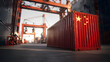 © MDRAFIQUL - Red shipping container with Chinese flag in industrial port with cranes at sunset.
