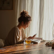 © Mari - Young woman with peaceful mood practicing digital detox at home against cozy interior backdrop