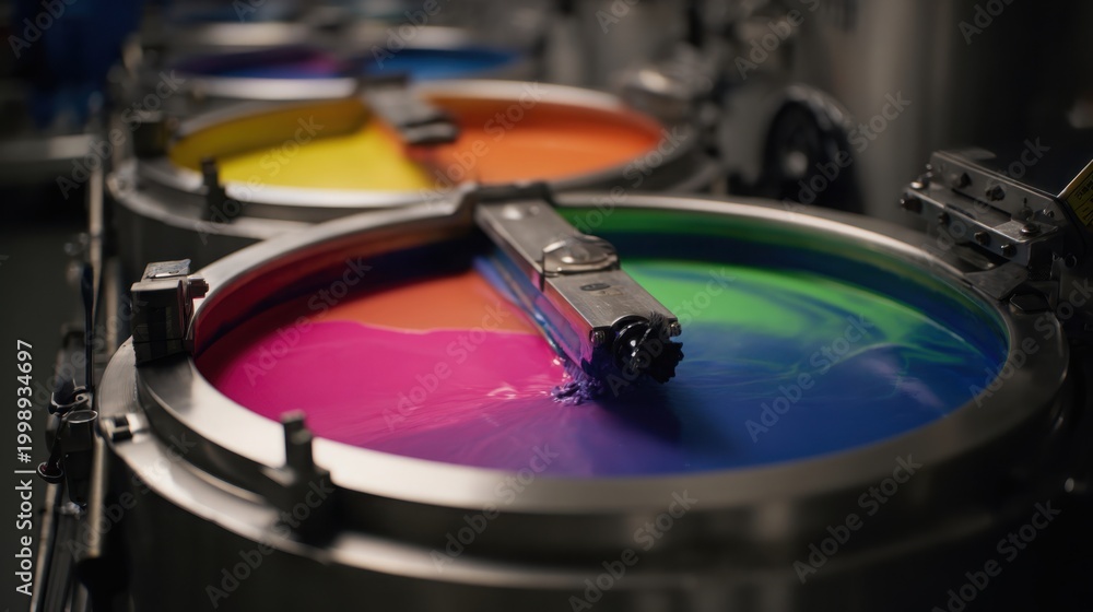 Manufacturing Colors Industrial mixer in a large container actively blending vibrant liquid ...