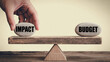 © Designer-CHAN - A hand balancing stones with the words impact and budget on a wooden seesaw scale representing a business financial decision or strategy concept for project management and resource allocation