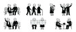 © Fernando - Elderly couple icon set, seniors activities black and white line art characters, retired people sitting on bench, walking, drinking tea, reading newspaper, and family lifestyle vector illustration iso