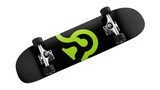 Black skateboard with neon green abstract graphic, isolated on transparent background