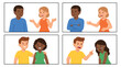 © wiwin - A four-panel illustration showing contrasting human interactions, from positive communication and support to arguments, conflict, and bullying between diverse individuals.