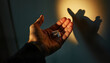© Inna - hand holding capsules with shadow projected on wall, representing health and wellness concept, soft lighting ambiance