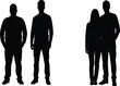 © Rokon - Minimalist silhouette illustration showing individuals standing apart and a couple together, symbolizing social dynamics, unity, and human connection