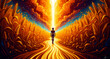 © PETROSYAN ARAM - Man walking on a golden path through wheat toward a light beam. Vibrant digital illustration with warm orange and yellow tones. Spiritual journey concept for inspiration and fantasy themes.
