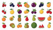 © Santa - Large collection of diverse fruit icons including berries, citrus, melons, and tropical fruits in a stylized vector design.