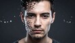© ruangrit19 - A surreal digital portrait of a young man with a face dissolving into pixels representing futuristic technology and the virtual human era.