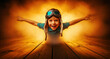 © ANDERSSON OLOF KARL - Cheerful boy in vintage pilot gear pretending to fly. Child lies on wooden boards with arms wide in a smoky golden light. Childhood imagination concept for education and aspiration themes.