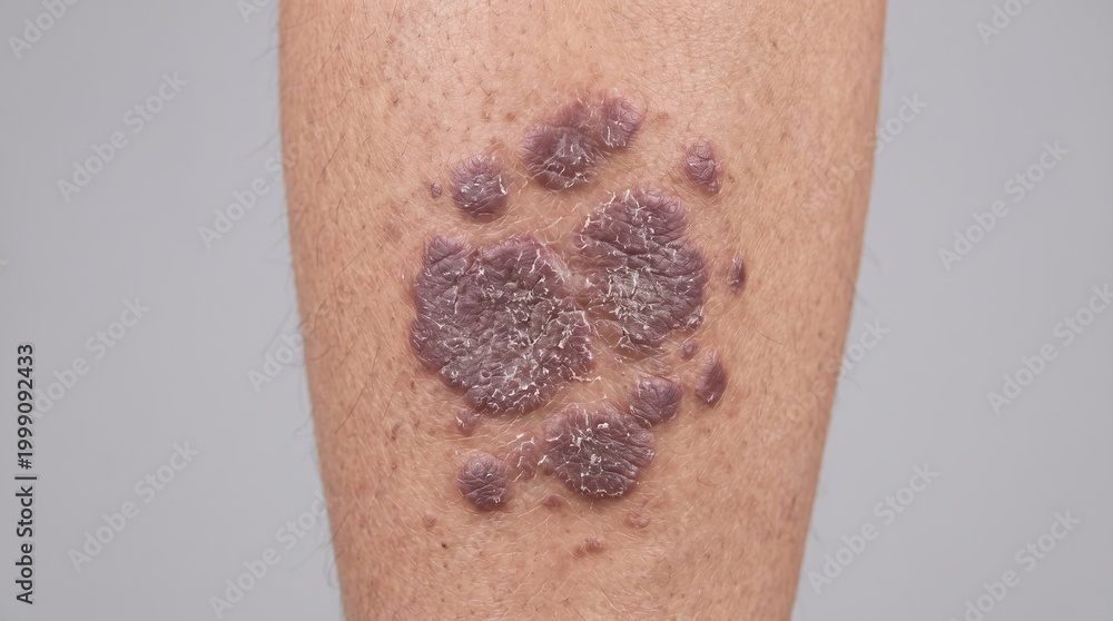 Hyperpigmented purple plaques on lower leg indicating lichen planus or ...