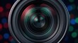 © VisionStock - Professional camera lens close up, optical glass reflections with colorful bokeh background, photography equipment and cinematic video production concept