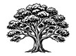 © Lukas - Tree of Life Illustration, Black and White Oak Silhouette in Woodcut Style, Detailed Branch and Leaf Design for Logo, Nature and Family Heritage Symbol