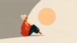 © AS_SleepingPanda - A young person with a messy bun sits on the floor while looking at a large glowing sun in a minimalist and artistic digital illustration style
