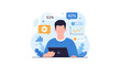 © SC-7 - A young man uses a digital tablet while surrounded by various floating data charts, percentage indicators, and social media analytics icons in a light blue minimalist environment.