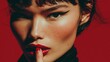 © DSimage - Close up portrait of woman with red lips and cat eye makeup holding finger to mouth against red background, sensual beauty and fashion concept.