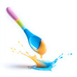 © Sabana - Colorful baby spoon splashing food with blue and orange colors against a white background