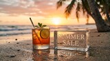 Segelas Koktail Menyegarkan dan Balok Es bertuliskan "SUMMER SALE" di Pantai saat Matahari Terbenam