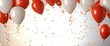 © Jdgkxbnc - red and white balloons with gold curling ribbons and falling gold confetti over a bright white background, festive cheerful celebration scene