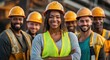 © Ulyana - Confident construction crew in yellow hard hats and high-visibility vests standing at an industrial worksite, leader with arms crossed showing determination