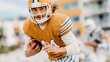 © Pinklife - A young athlete passionately runs with a football, depicting determination and the competitive spirit essential in sports, especially in American football.