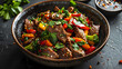 © ak159715 - Asian beef stir fry colorful dish combine beef with fresh colorful greens, colorful stir fry food styling art.