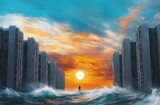 Lone silhouette standing on towering waves between rows of dark skyscrapers as a blazing sun sets beneath a dramatic orange and teal sky, evoking awe and isolation