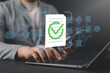 © Nirusmee - Business process automation (BPA) and document automation concept with flowchart and checkmark icons, featuring businessman using laptop to automate document creation and streamline workflows.