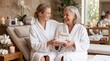 © NORN - Shared Moments of Relaxation: Two women, wrapped in soft robes, share a tender moment of connection amidst the serene ambiance of a spa, embodying peace and tranquility.