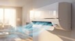 © Short World  - Wall mounted white modern split system air conditioner blowing cool fresh air into a contemporary bright home interior.