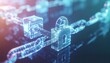© aoi - ワイヤーフレームの南京錠とチェーンが連なるサイバーセキュリティの抽象イメージ