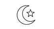 © mato - Crescent moon and star graphic outline, symbolic representation of celestial bodies and faith, simple monochrome design, Islamic cultural emblem, isolated vector illustration