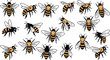 © Graphic Shops - Collection of stylized honey bees in various poses, black and orange insect flying swarm