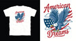 © Pronob - American dreams t-shirt design with bald eagle flying and american flag behind.
