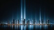 © saha - Smart city skyline at night with digital light beam and reflection over water