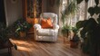 © backup_studio - Comfortable armchair with orange pillow in sunlit living room. Cozy home interior with wooden floor and many indoor plants in garden room. Relaxing space for reading and rest at home.