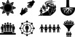 © Vexora Studio - Pictogram collection illustrating concepts of community gathering, helping hands, group journey, strong foundation, and leadership success, ideal for business presentations and social issues