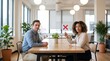 © Robert Garcia - Colleagues sit across a wooden table in a modern office while a woman raises a card marked with a red cross to signal refusal during a structured workplace discussion.