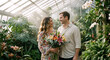 © Vyatcheslav - Couple holding a bouquet of flowers in a greenhouse. Romantic date in a botanical garden