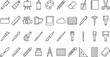 © Imran - Detailed collection of art supplies and creative stationery line icons including brushes, palettes, pencils, cameras, and craft tools for artistic education, professional studio branding, and digital