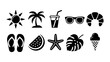 © Design Point - Summer vacation and beach holiday black silhouette icons set with tropical elements sunglasses croissant