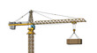 © ChantalChmielewska - Large industrial construction crane lifting a heavy load of wooden planks against a plain white background for design projects.