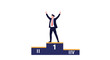 © ChantalChmielewska - Successful businessman in a suit and red tie standing on a winner's podium with his arms raised high in victory.