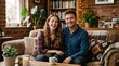 © Vasiliy - Happy young couple sitting on a sofa in a cozy living room. Smiling man and woman relaxing at home together. Domestic lifestyle and relationship concept