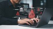 © Eve - Financial fraud warning and identity theft protection on laptop. User experiencing banking security breach with alert icons for personal data hack and cyber crime prevention.