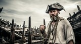 Rugged pirate captain with chains in abandoned shipyard, dramatic overcast sky, heroic adventure concept