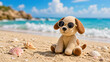 © Tweety - AI-generated image of a knitted toy puppy sitting on a sunny beach with sunglasses