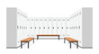 © Mimi - A spacious locker room contains numerous tall gray storage lockers arranged in a U-shape around simple wooden benches set upon a clean floor surface in a bright area.
